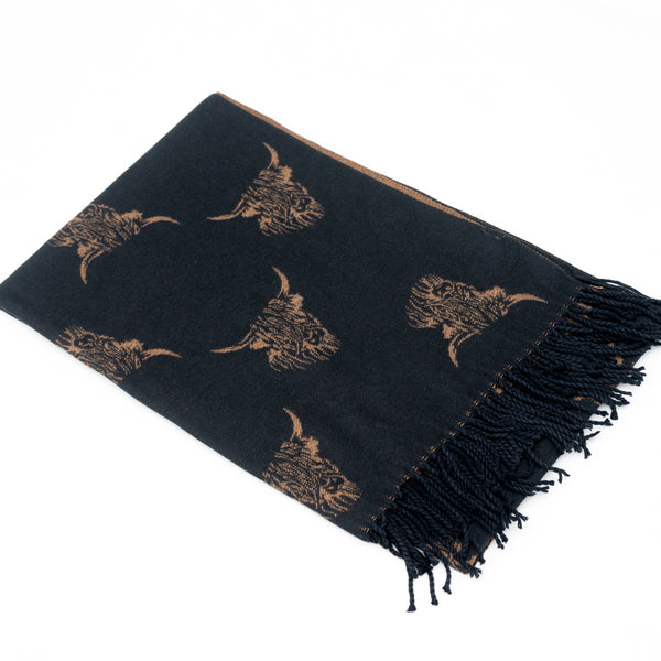 Reversible Highland Cow Scarf  Black/Tan
