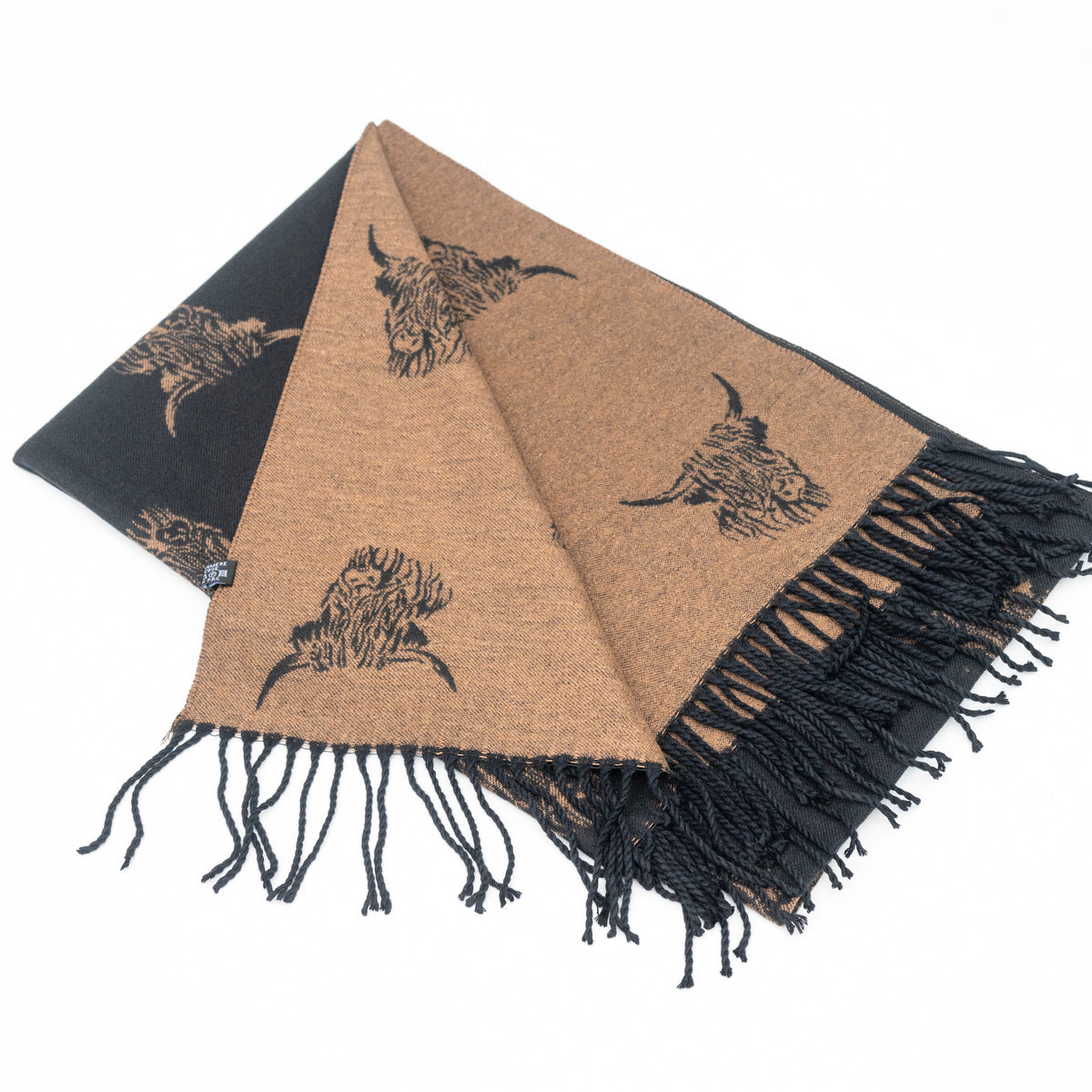 Reversible Highland Cow Scarf  Black/Tan