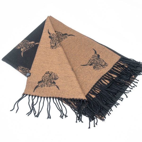 Reversible Highland Cow Scarf  Black/Tan
